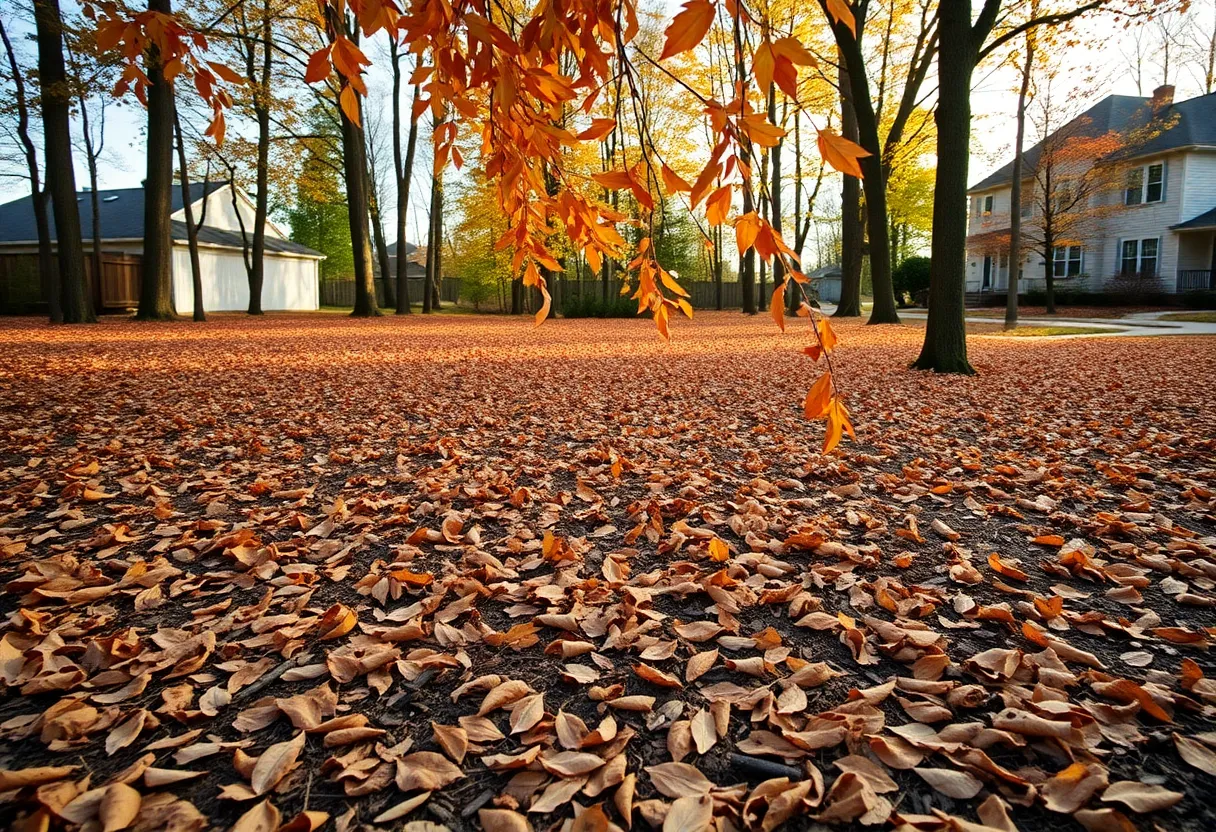Dry leaves in a wooded neighborhood during fall