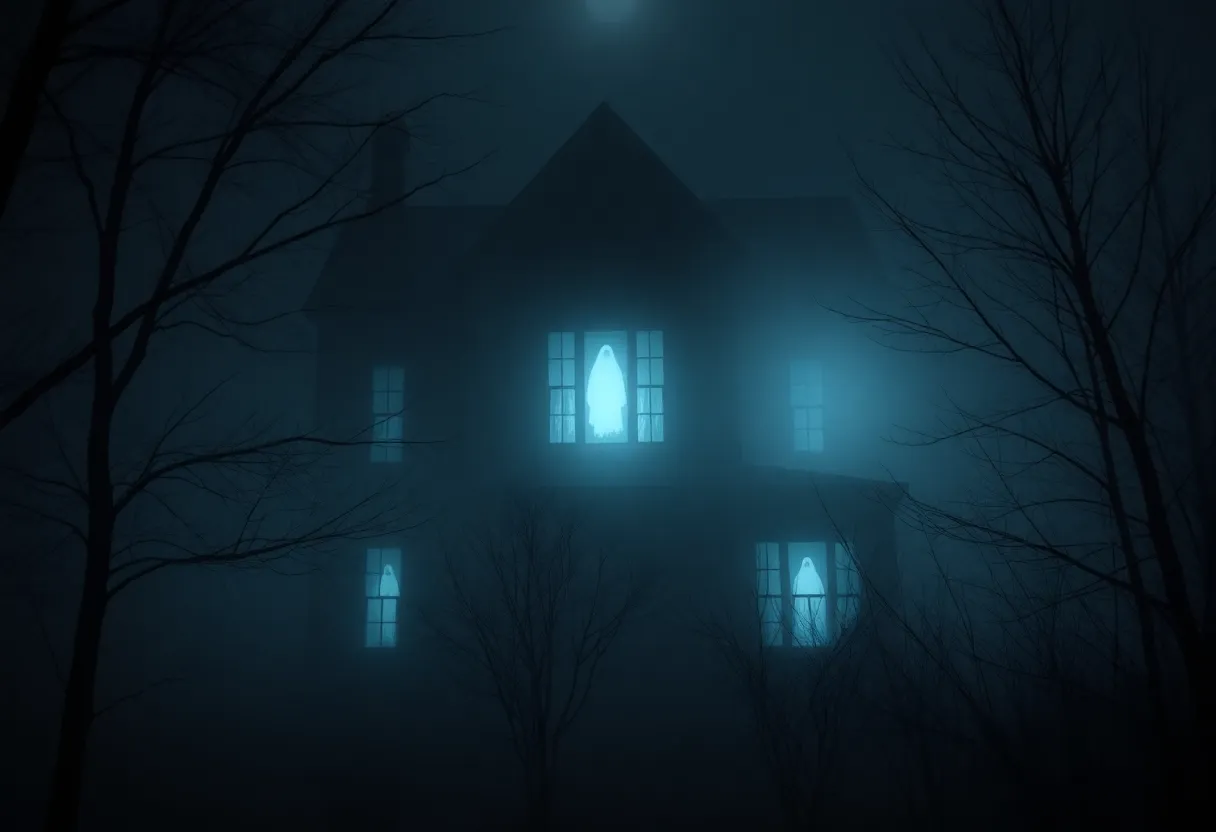 Mysterious haunted house in Tennessee with ghostly silhouettes.