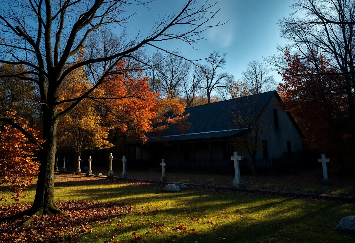 A spooky, haunted site in Tennessee with fall colors and ghostly ambiance.