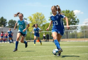 High school girls soccer players competing on the field