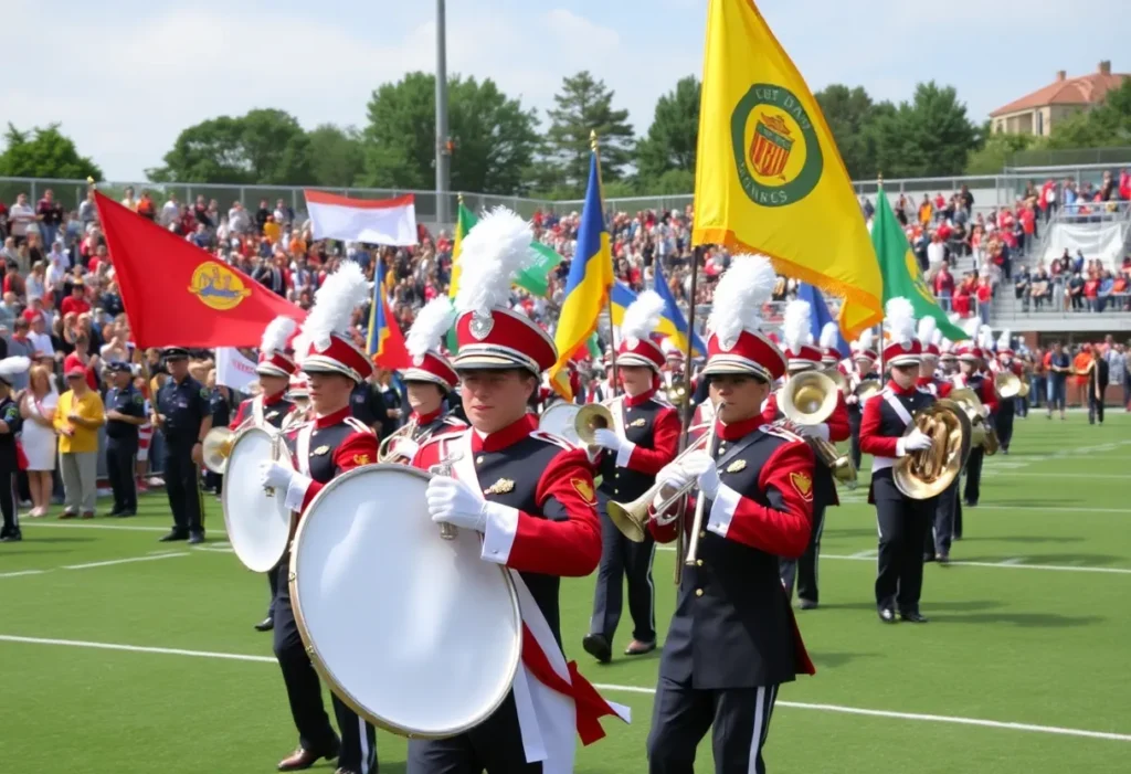 Marching bands performing with colorful uniforms and instruments
