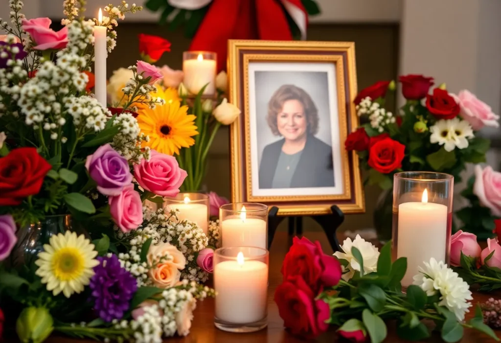 A memorial setup with flowers and candles for Cammie Renae Haley.
