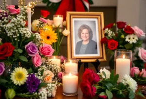 A memorial setup with flowers and candles for Cammie Renae Haley.