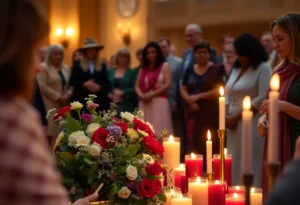 Memorial service setup in honor of Robert Furcron with flowers and candles.
