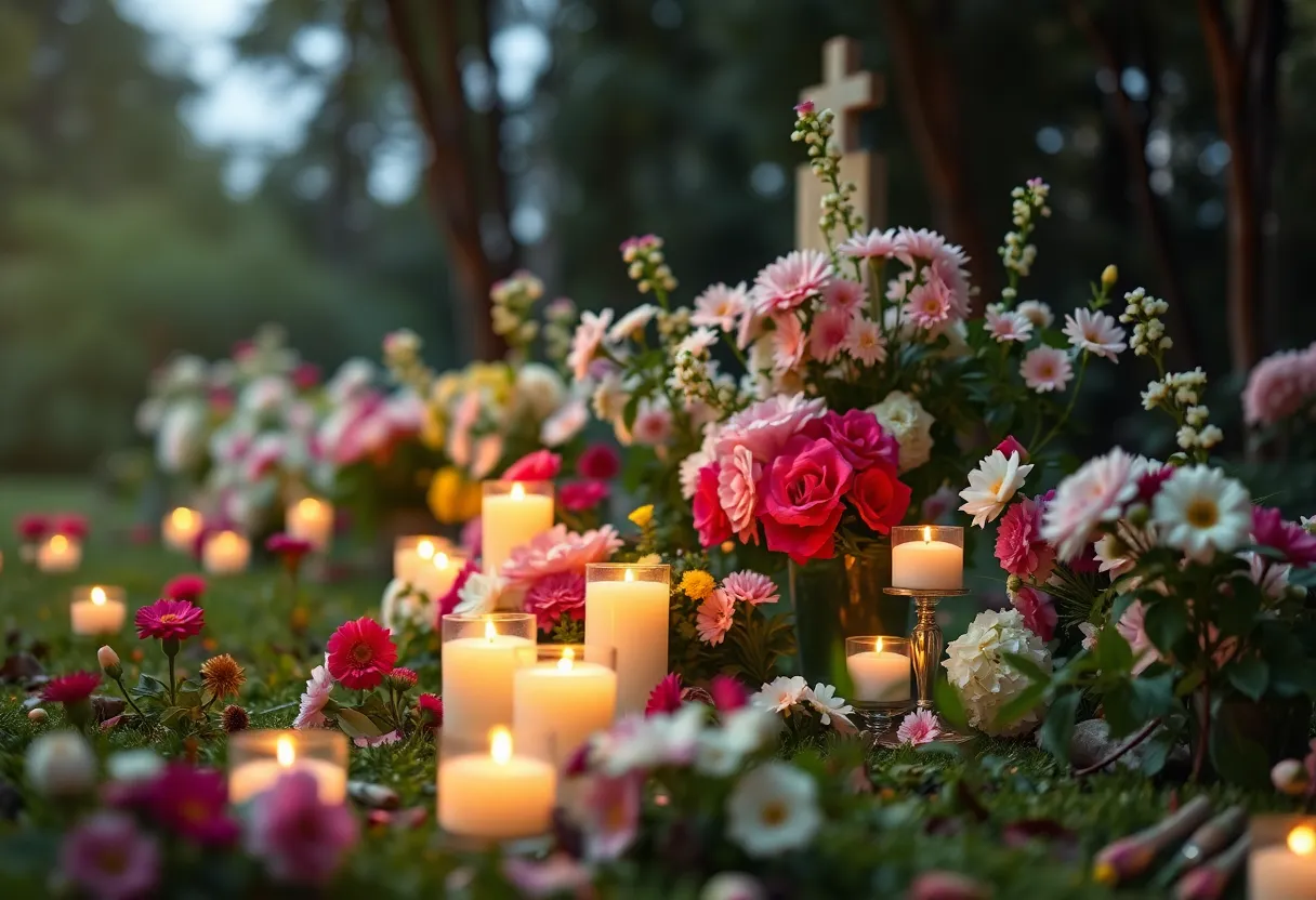 A serene memorial garden filled with flowers and candles
