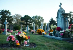 Memorial flowers in a cemetery in Chattanooga