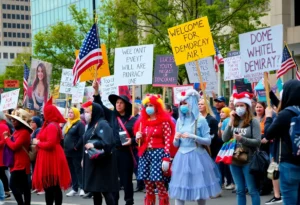 Crowd of protesters in Nashville with colorful signs and costumes