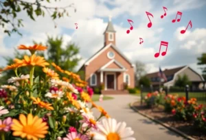 A peaceful community tribute to Phil Osborne, Jr., with flowers and a church in the background.