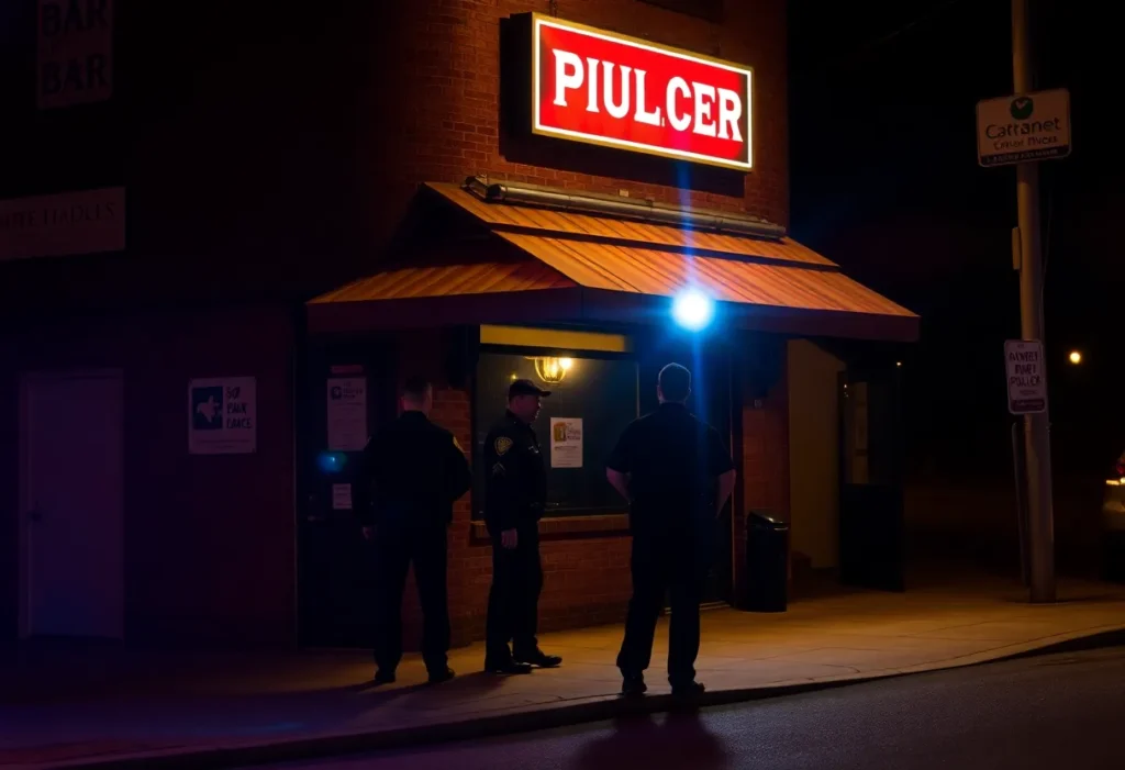Police vehicles outside a bar in Chattanooga at night