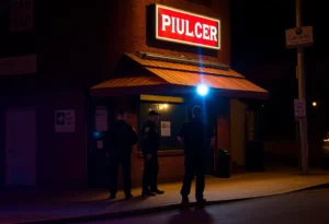 Police vehicles outside a bar in Chattanooga at night