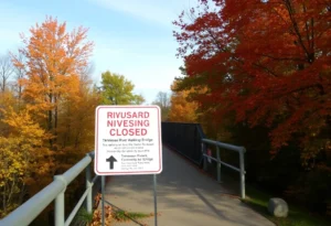 The Riverpark Walking Bridge in Chattanooga, Tennessee with closure signs