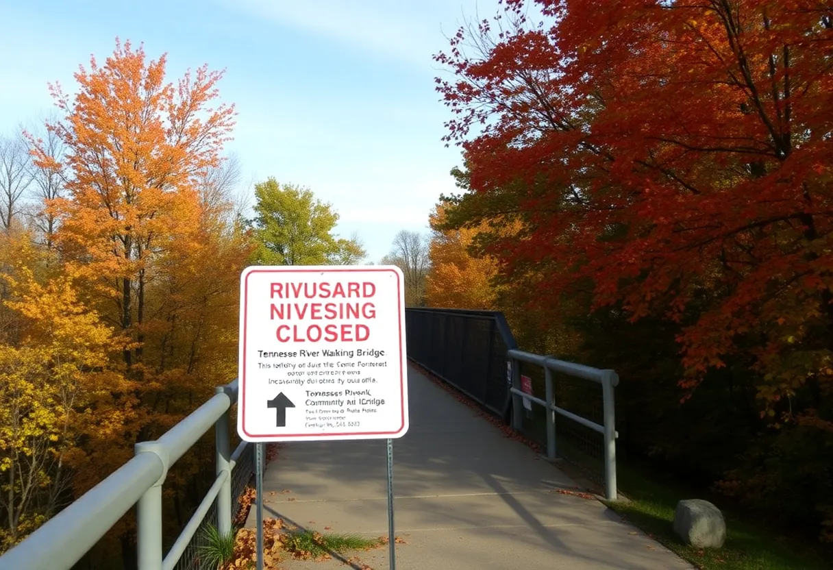 The Riverpark Walking Bridge in Chattanooga, Tennessee with closure signs