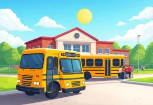 A yellow school bus parked outside a school building with children around.
