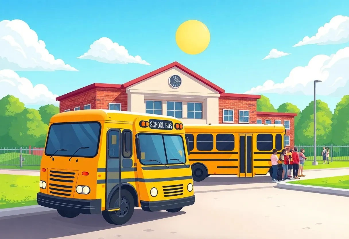 A yellow school bus parked outside a school building with children around.
