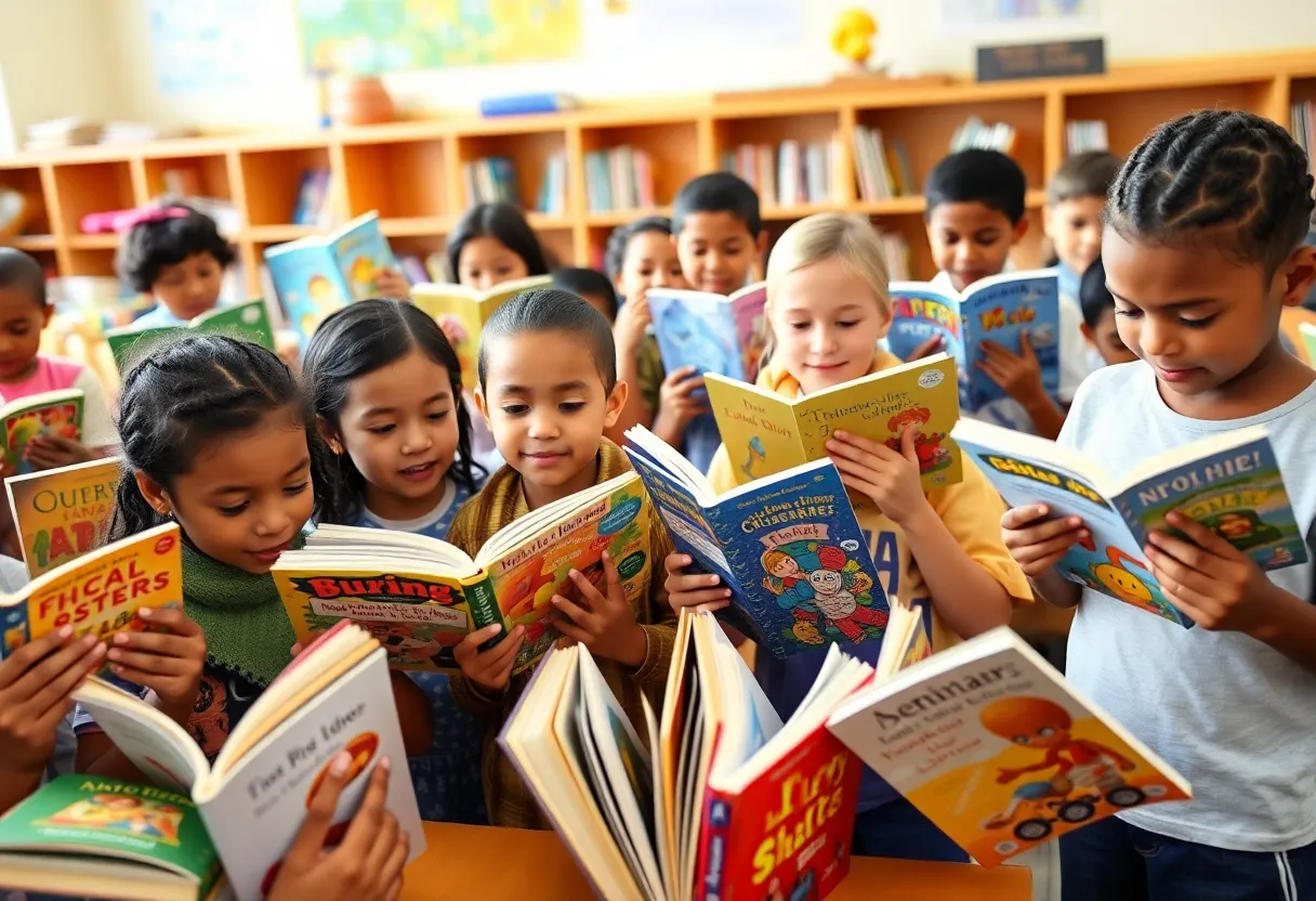 Children choosing books at Orchard Knob Elementary event