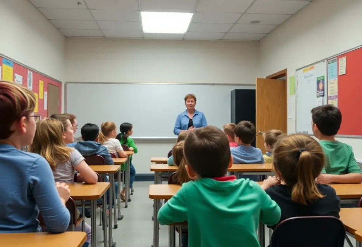 Teacher leading students during a fire drill in a school setting.