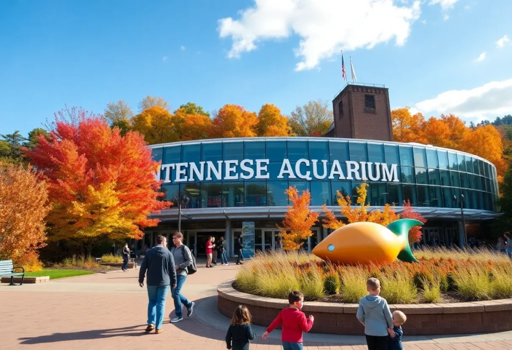 Families visiting the Tennessee Aquarium during fall foliage