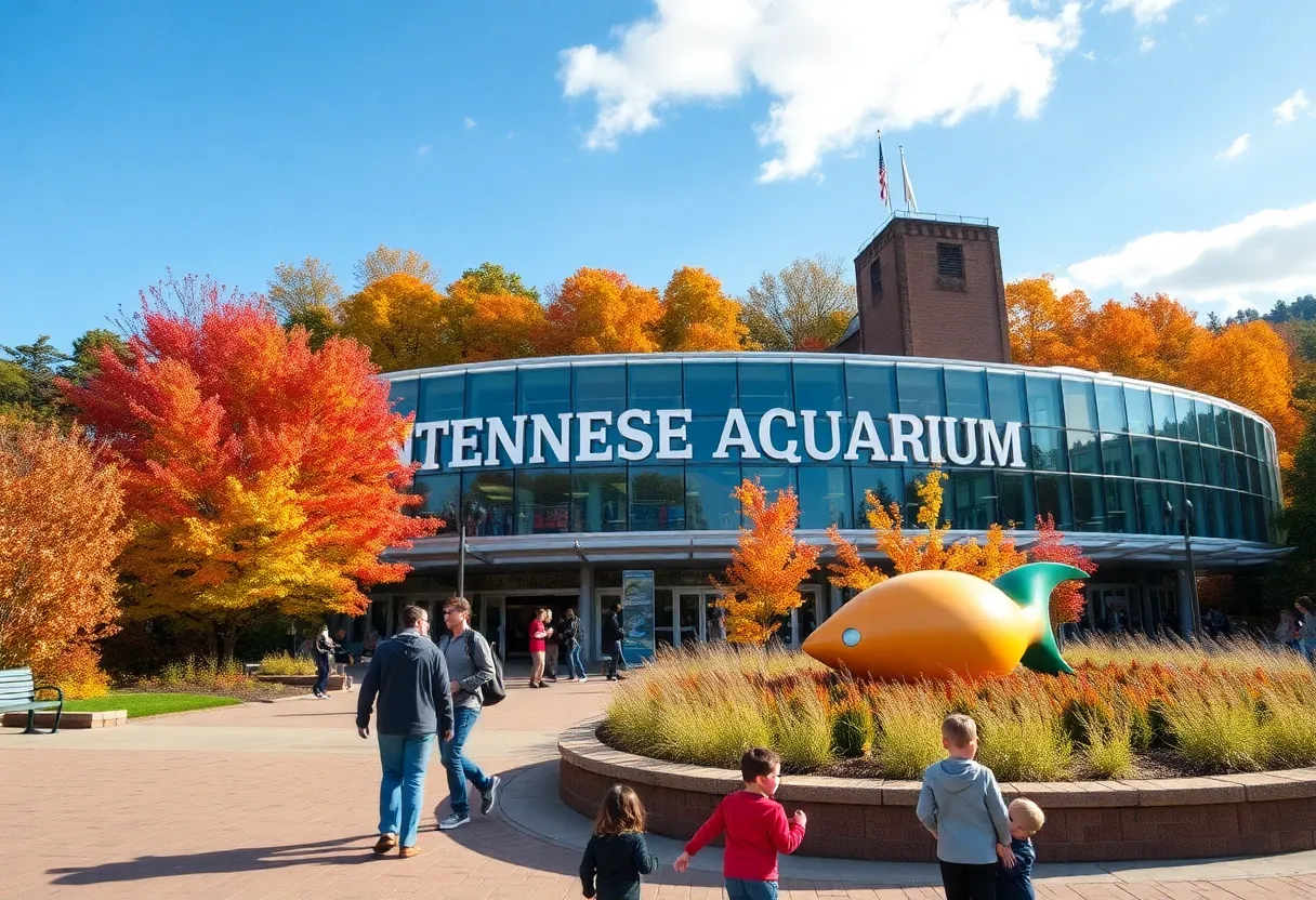 Families visiting the Tennessee Aquarium during fall foliage