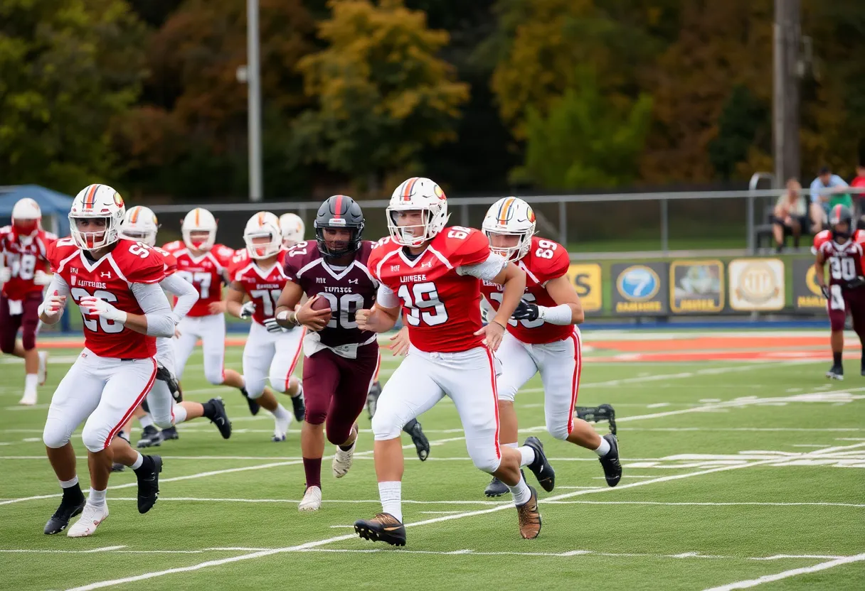 High school football players in action during a game in Tennessee.