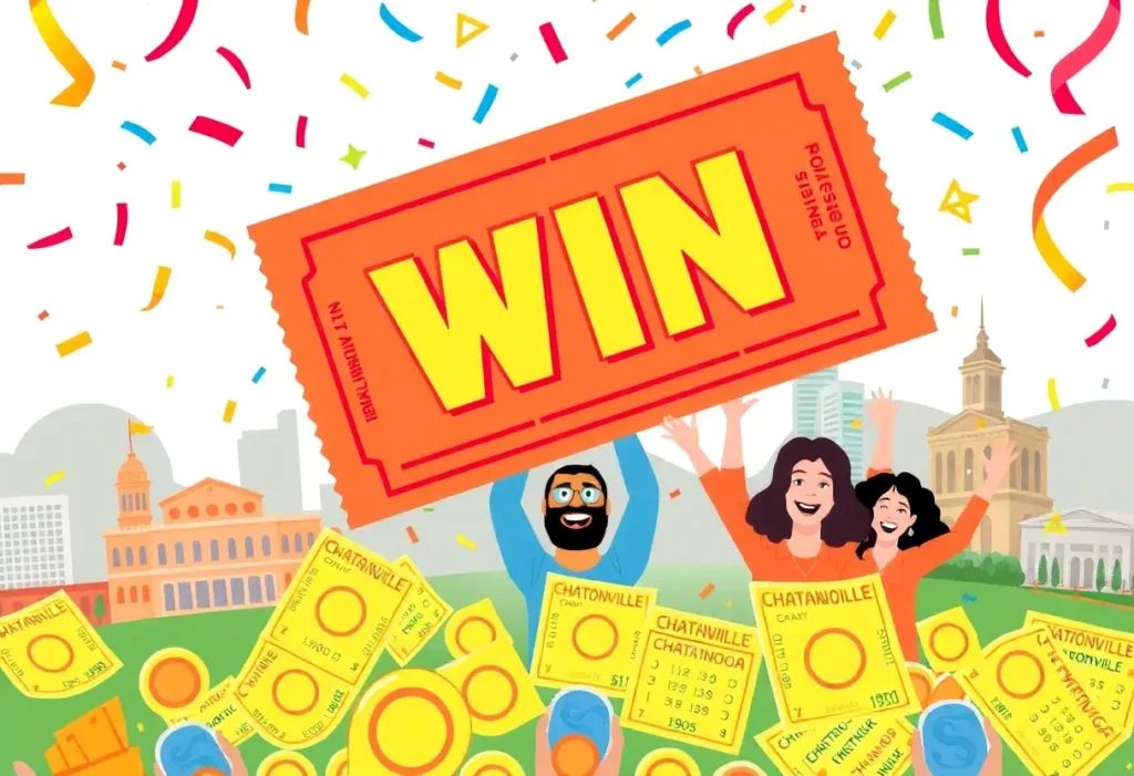 Celebration scene depicting lottery tickets and festive confetti