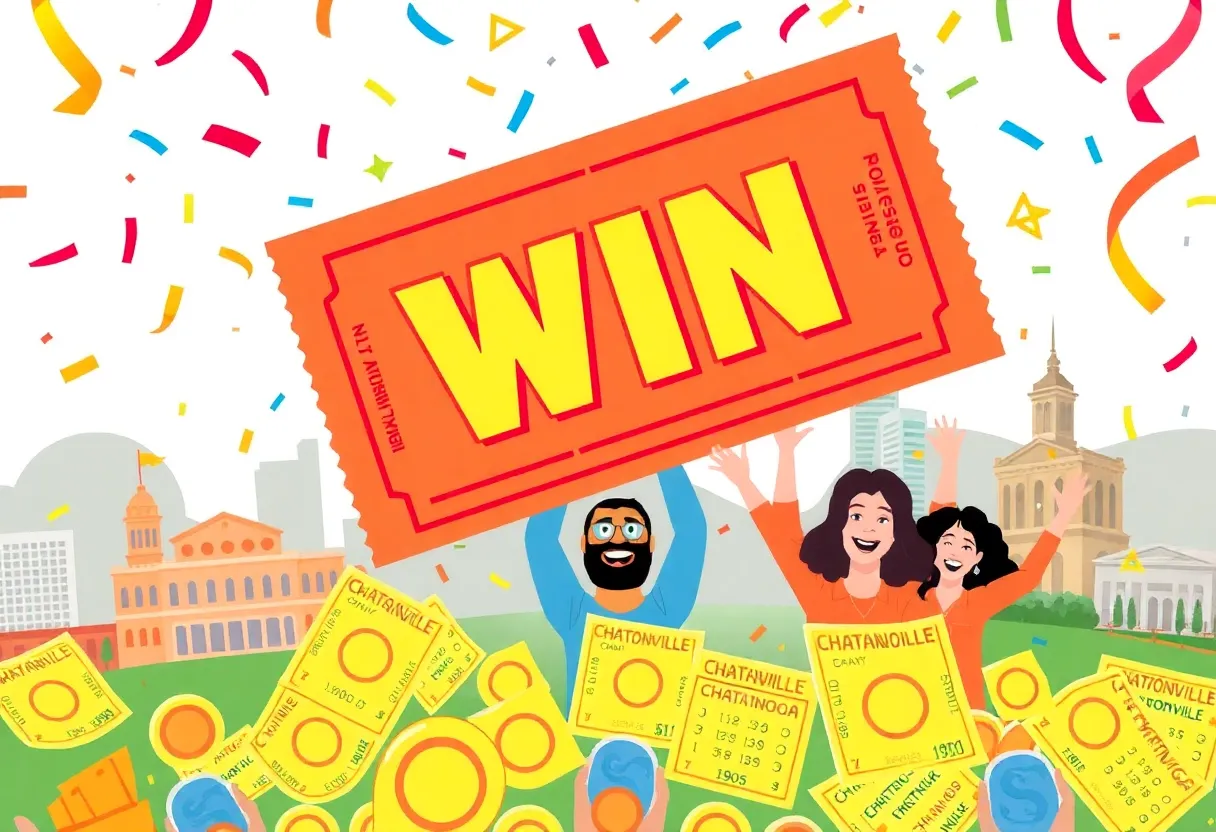 Celebration scene depicting lottery tickets and festive confetti