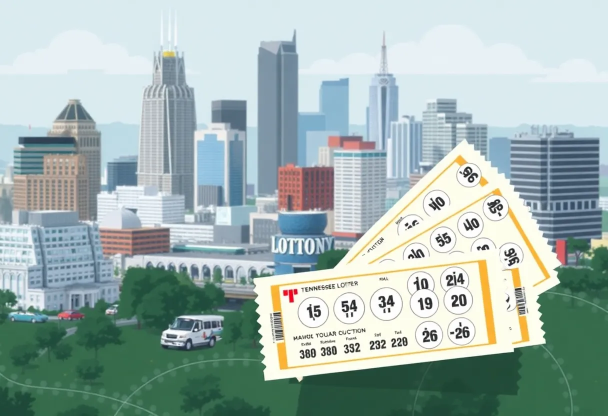 Lottery tickets with Nashville skyline in the background