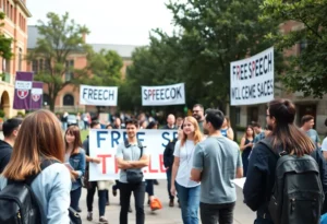 Students engaging in discussion on campus about free speech and political organizations.