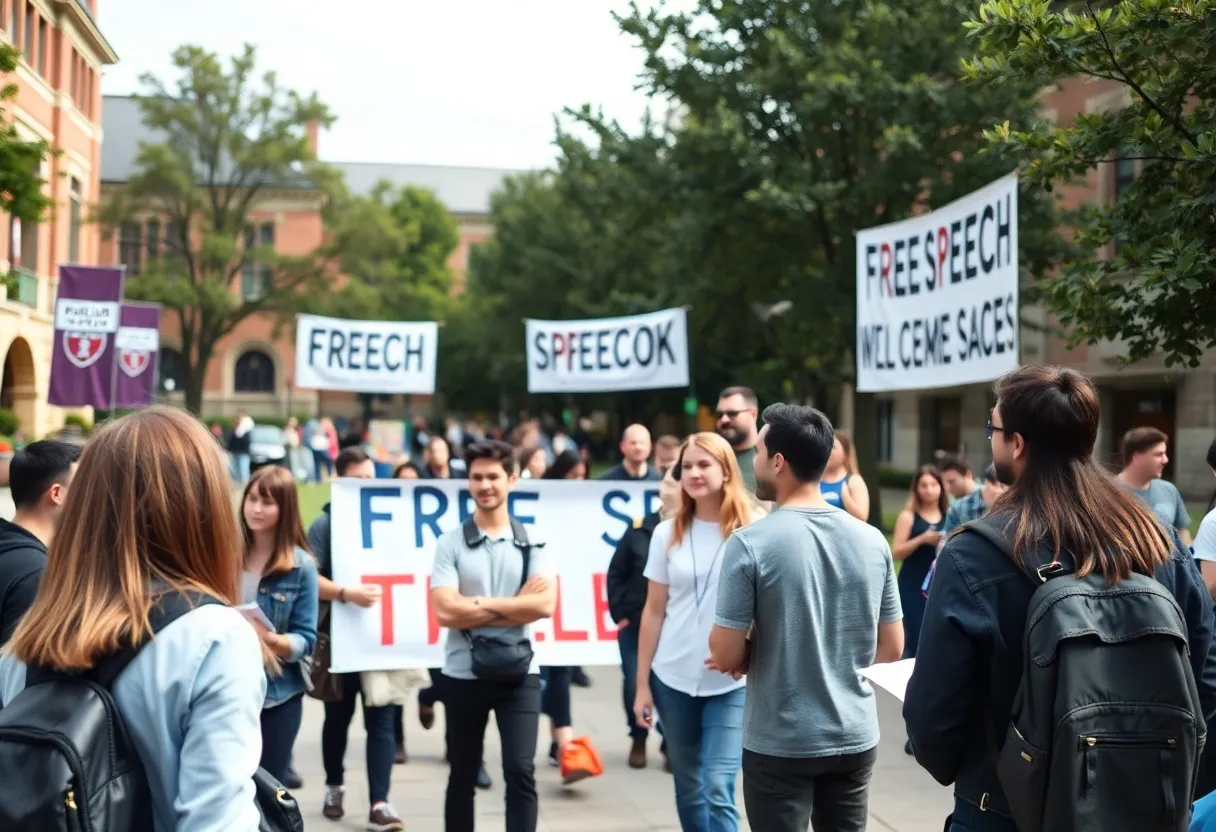 Students engaging in discussion on campus about free speech and political organizations.