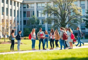 Students discussing on a university campus