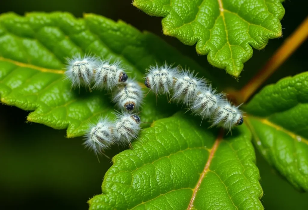Close-up image of woolly aphids on a hackberry tree leaf.