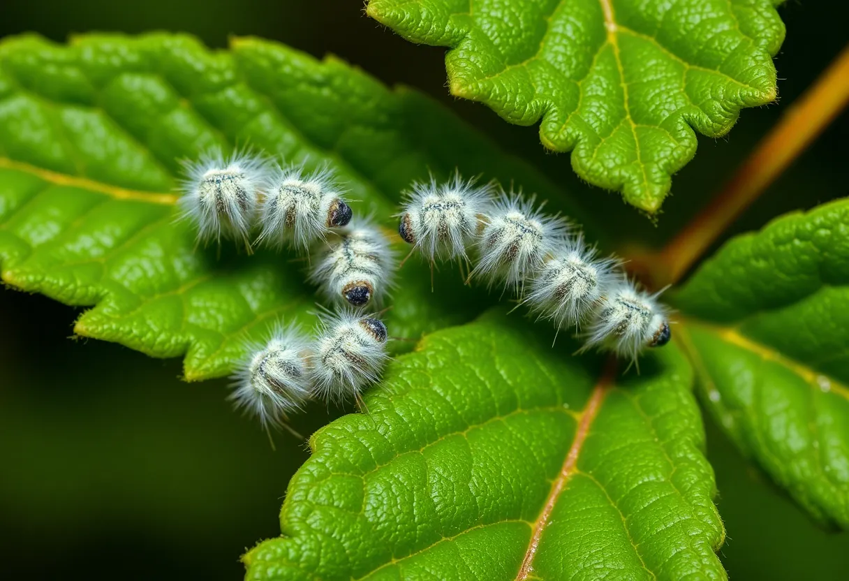 Close-up image of woolly aphids on a hackberry tree leaf.