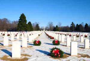 Wreaths placed on graves at a national cemetery