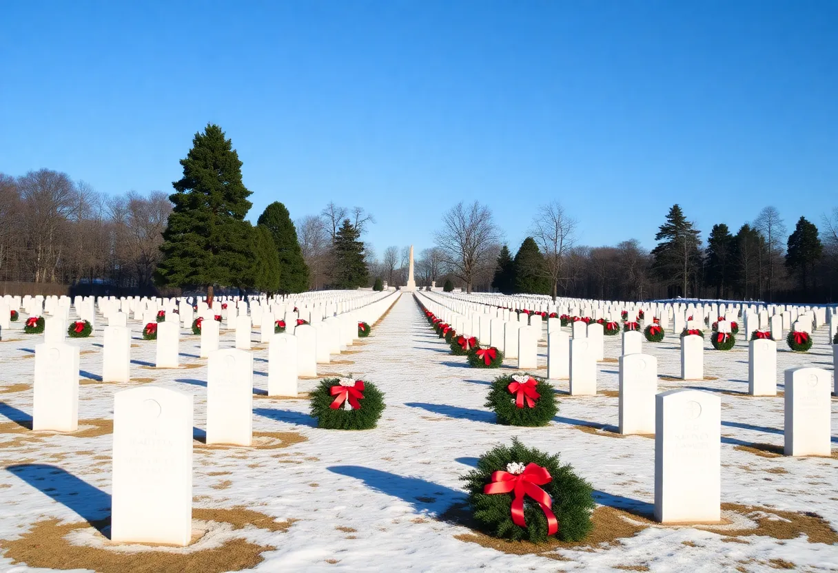 Wreaths placed on graves at a national cemetery